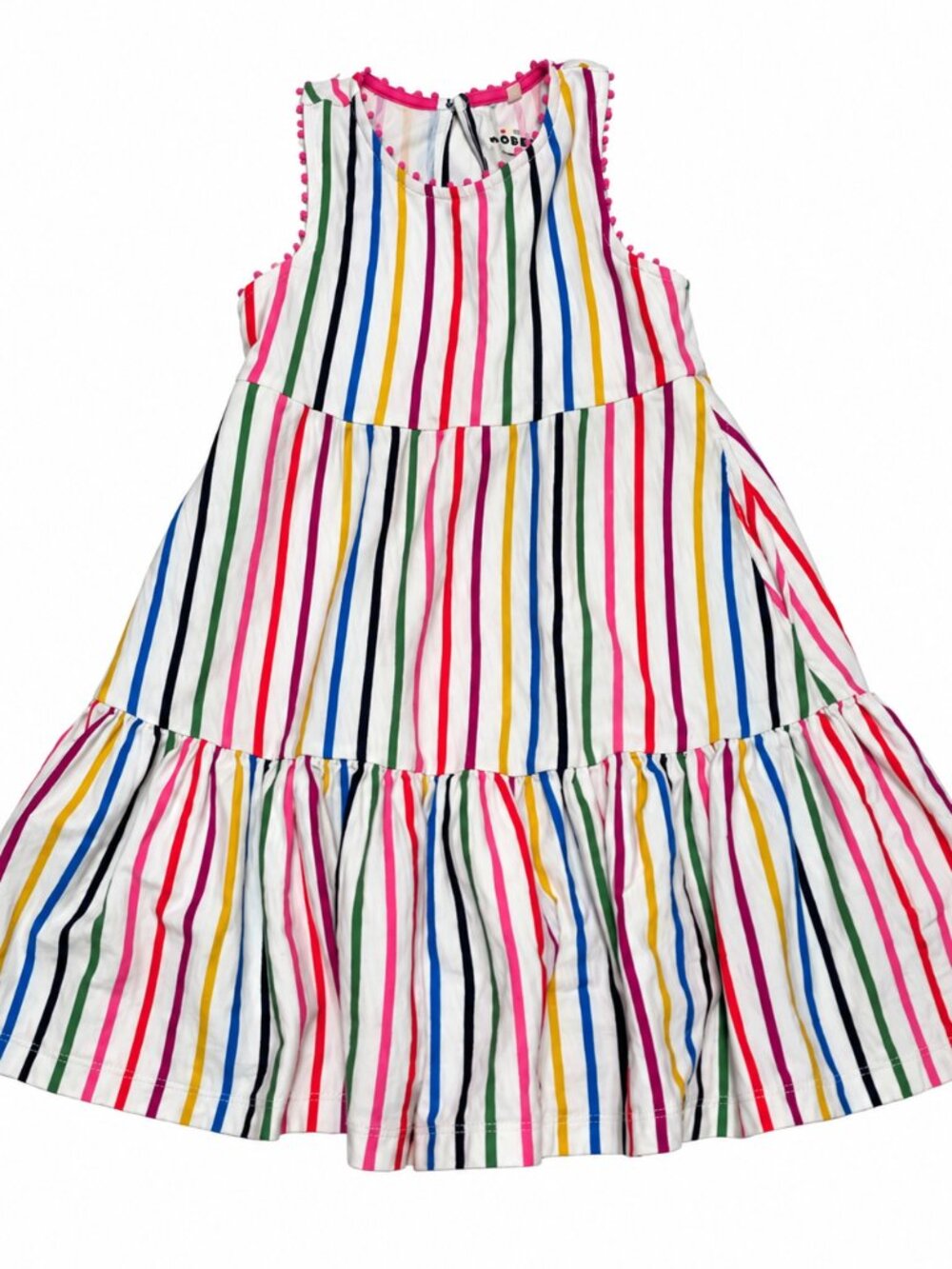 Mini Boden Girls Dress Size 4-5Y Rainbow Striped Tiered Pom Pom Trim Sleeveless